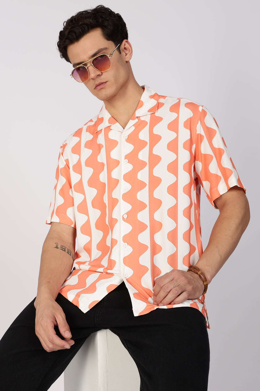 Wavy Apricot Stripes Cuban Shirt