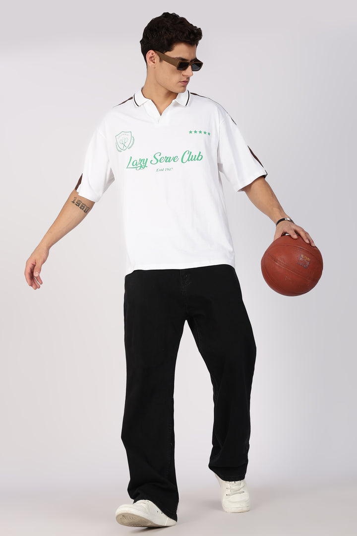 Lazy Serve Club White Oversized Polo Shirt