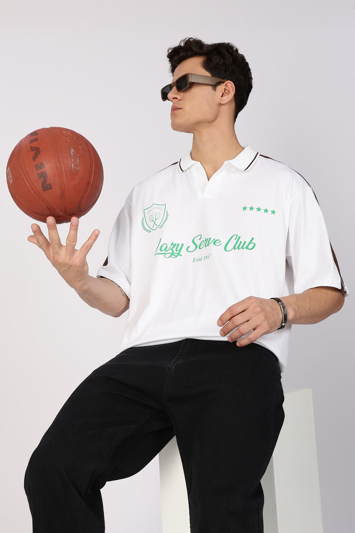 Lazy Serve Club White Oversized Polo Shirt
