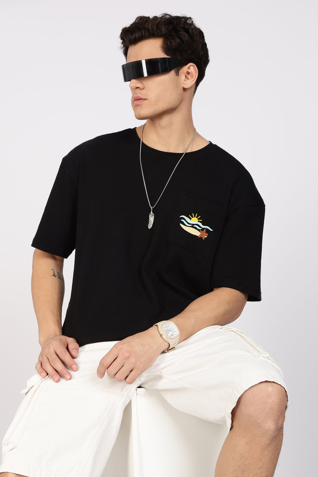 Sunset Embroidery: Textured fabric Oversized T-shirt