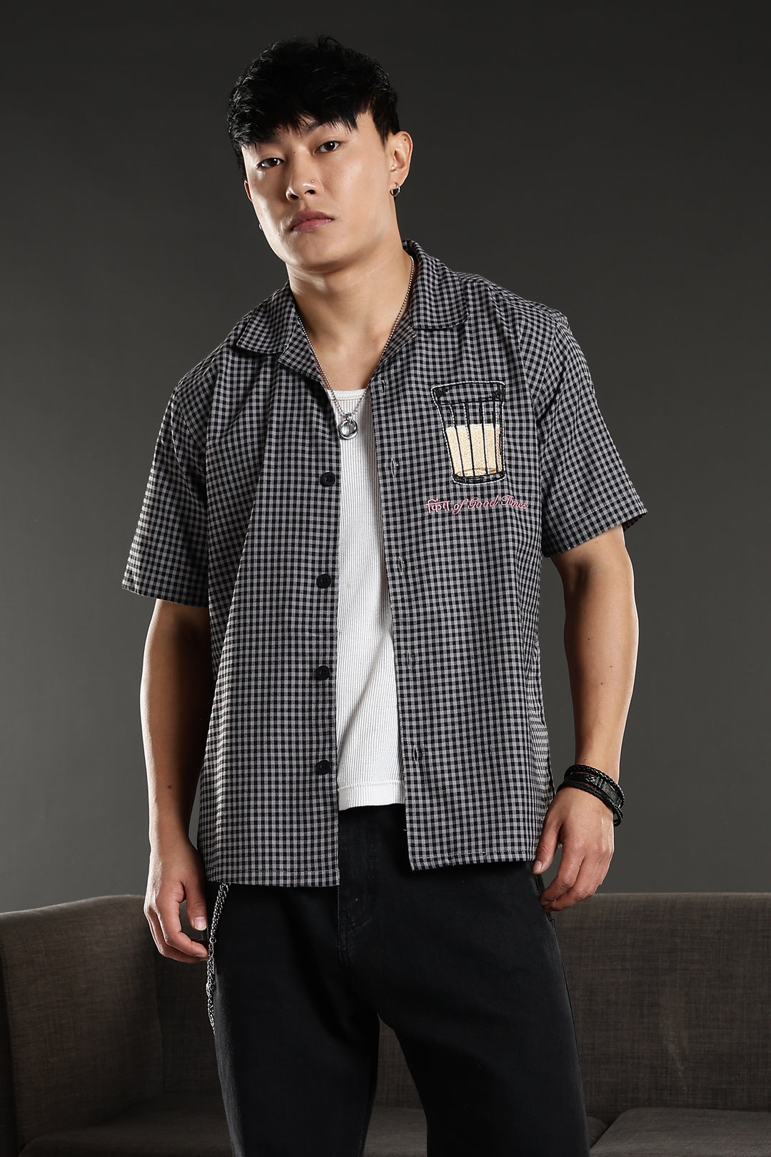 Chai : Black Checks Embroidery Cuban Shirt