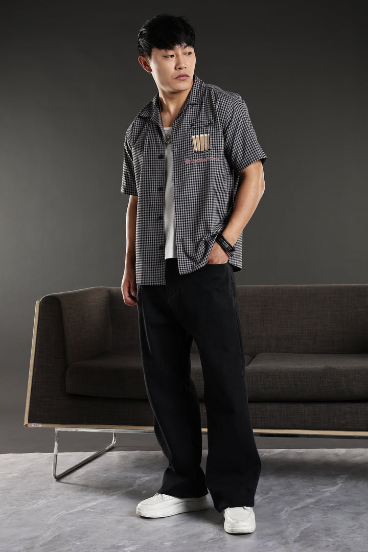 Chai : Black Checks Embroidery Cuban Shirt
