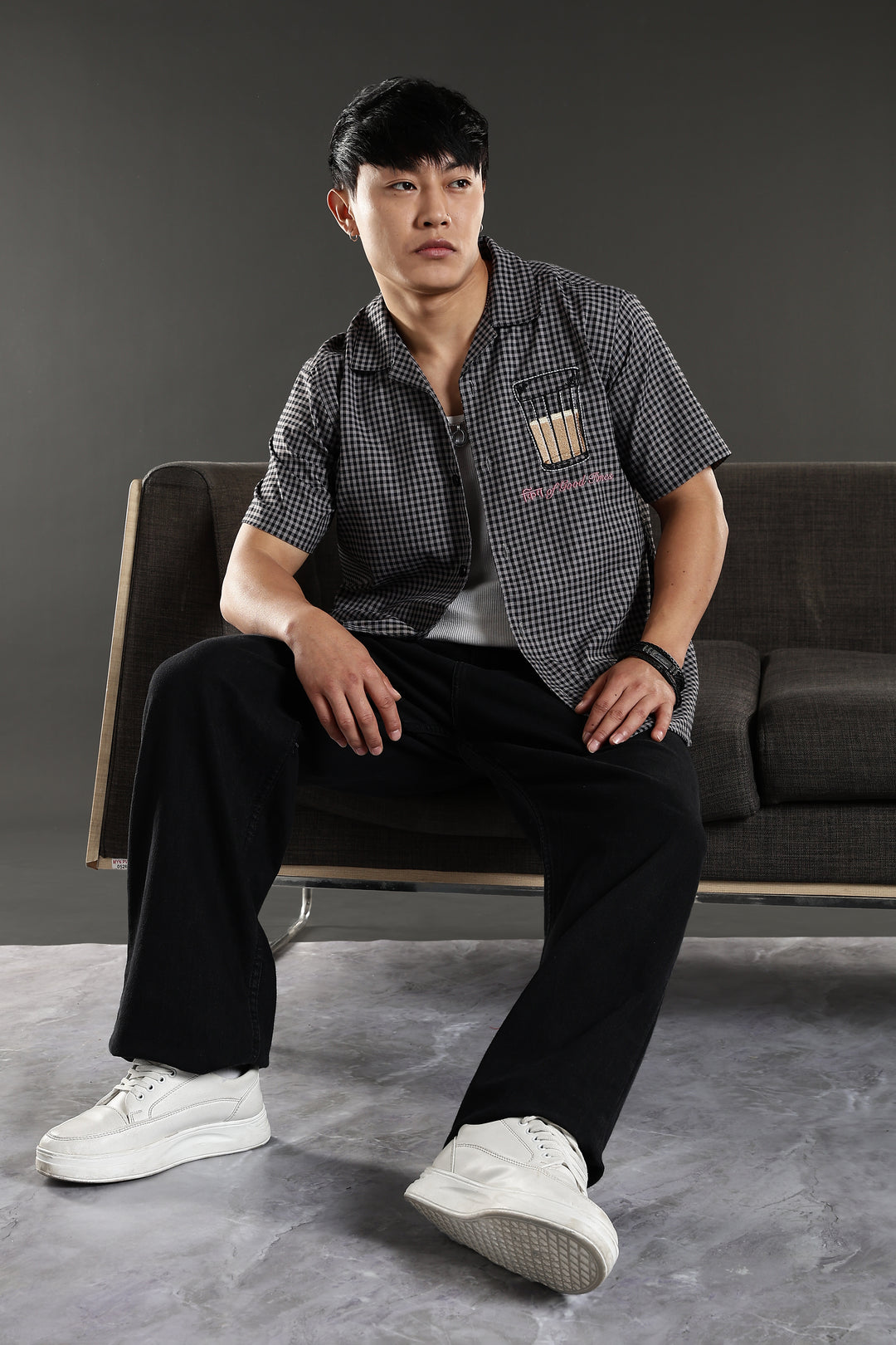 Chai : Black Checks Embroidery Cuban Shirt