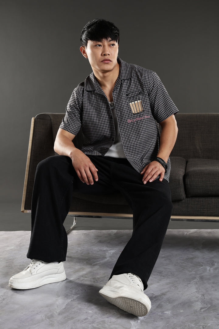 Chai : Black Checks Embroidery Cuban Shirt