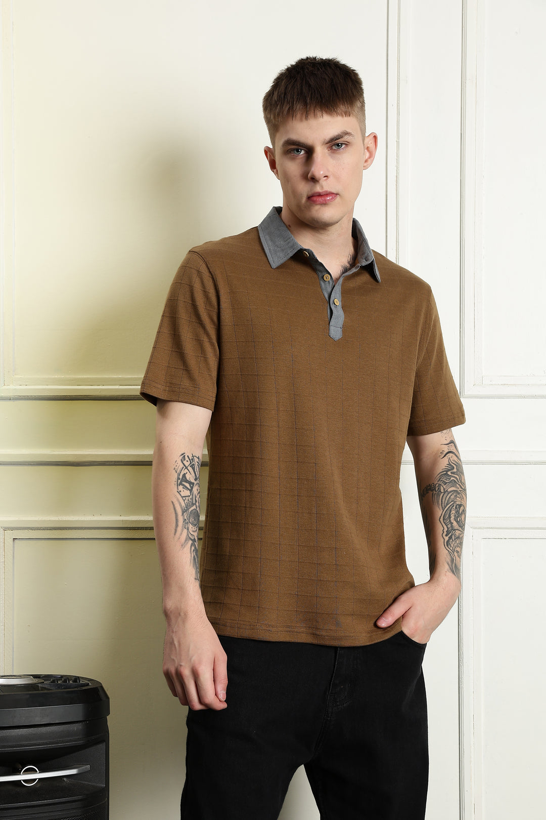 Denim Collar Brown Polo Shirt