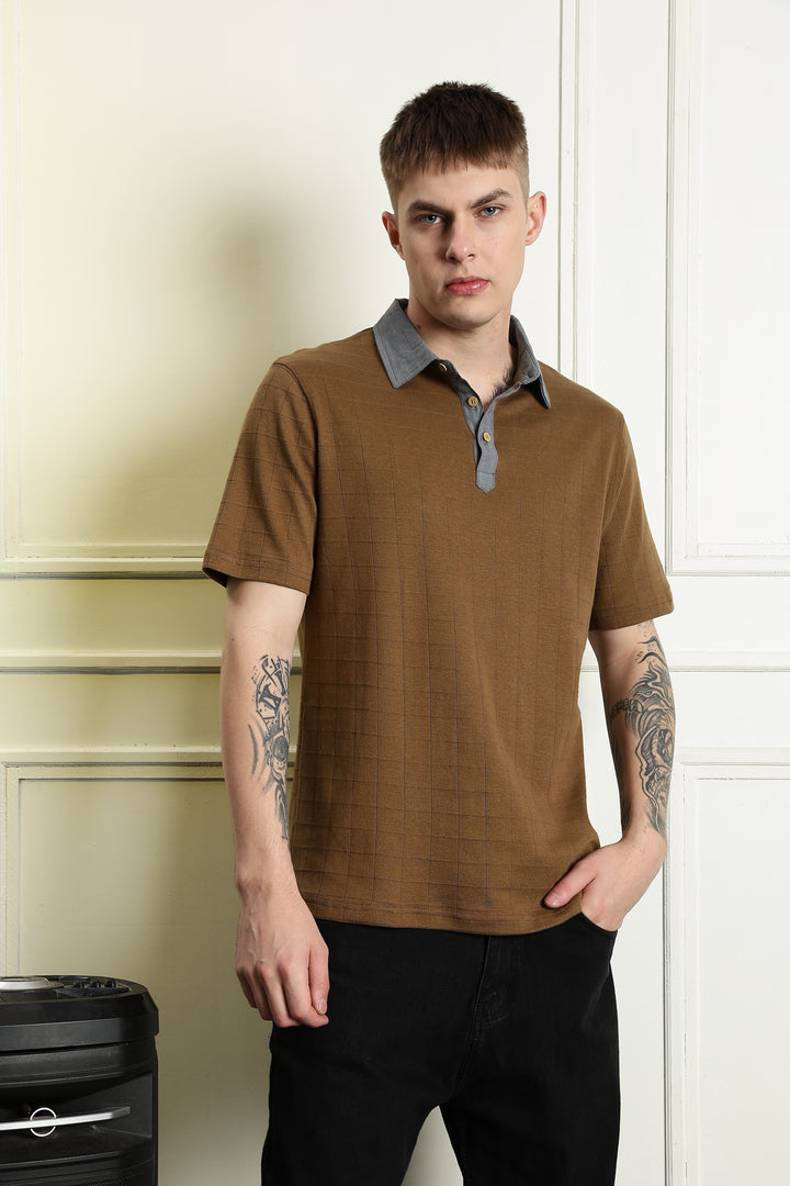Denim Collar Brown Polo Shirt