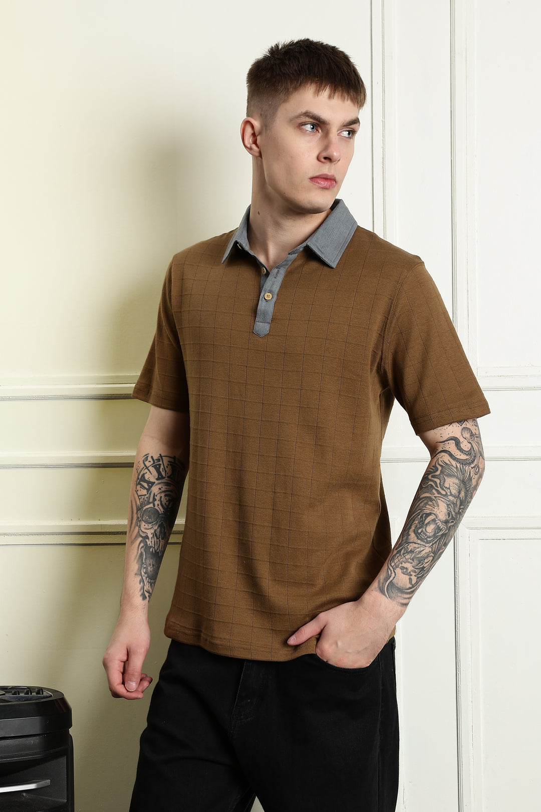 Denim Collar Brown Polo Shirt