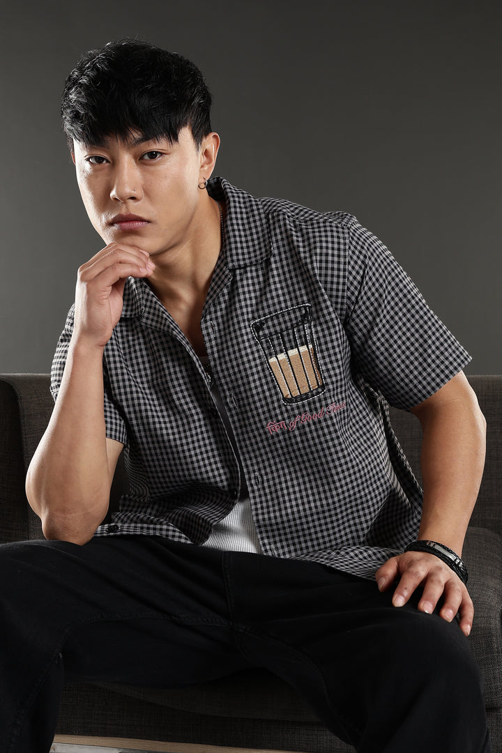 Chai : Black Checks Embroidery Cuban Shirt