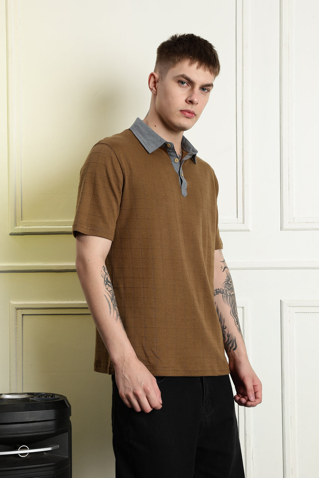 Denim Collar Brown Polo Shirt