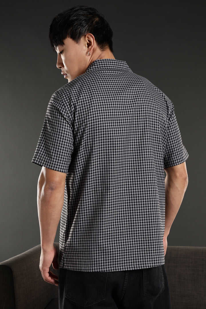 Chai : Black Checks Embroidery Cuban Shirt