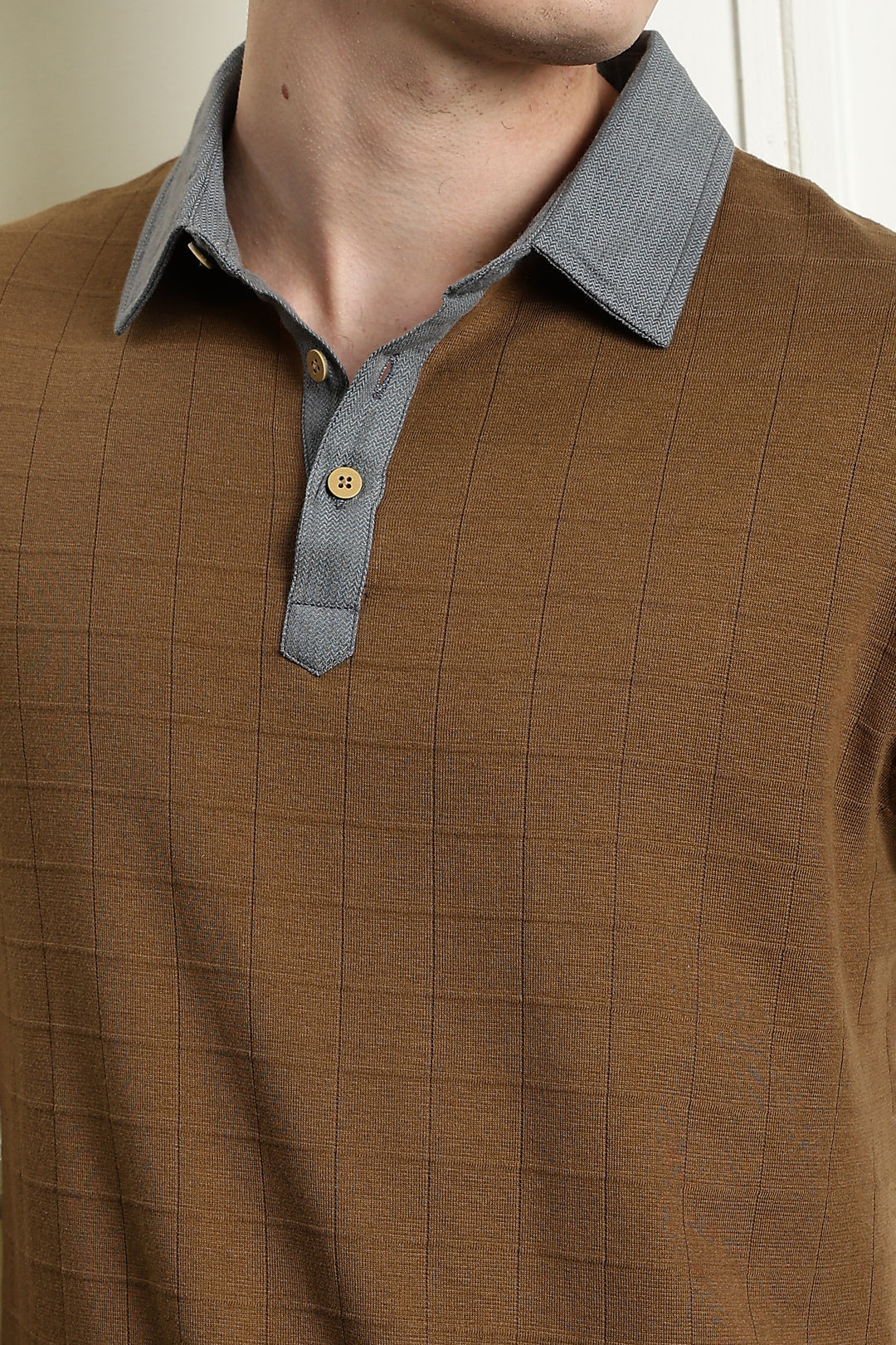 Denim Collar Brown Polo Shirt