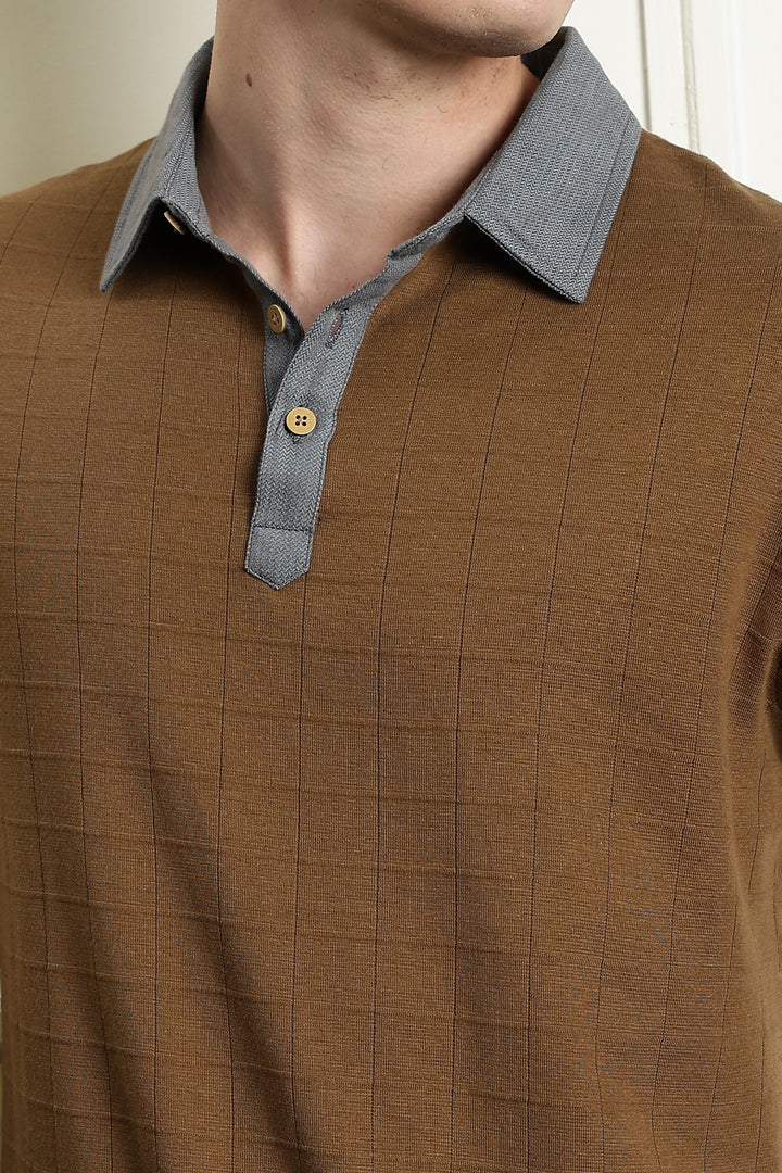 Denim Collar Brown Polo Shirt