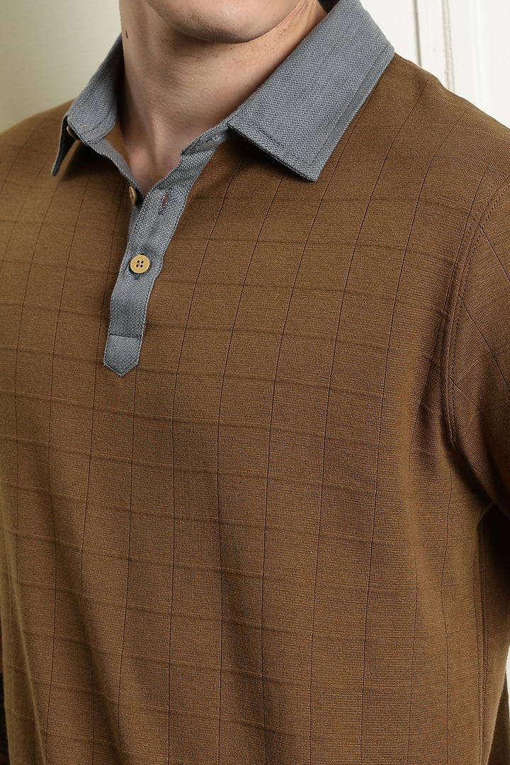 Denim Collar Brown Polo Shirt