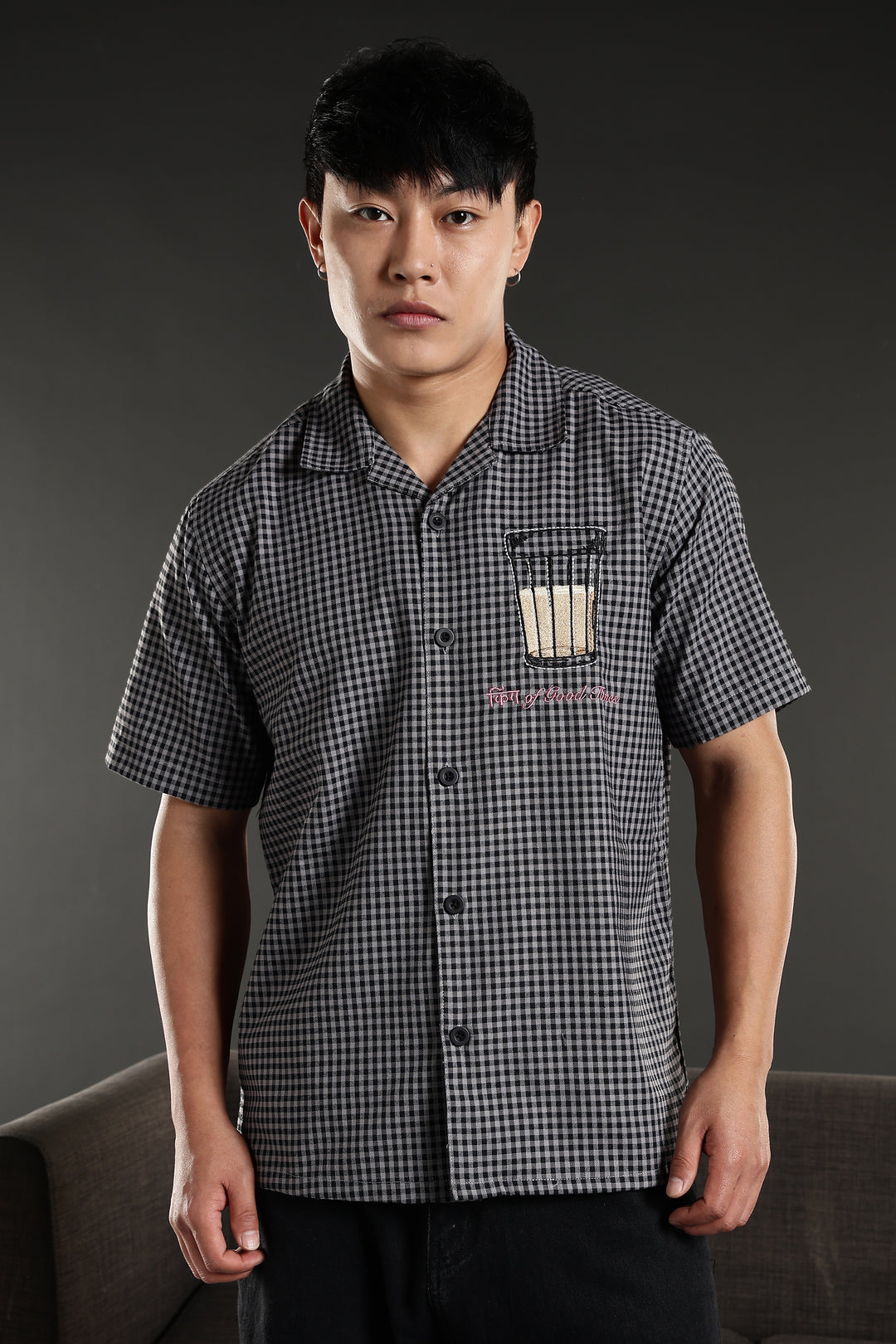 Chai : Black Checks Embroidery Cuban Shirt