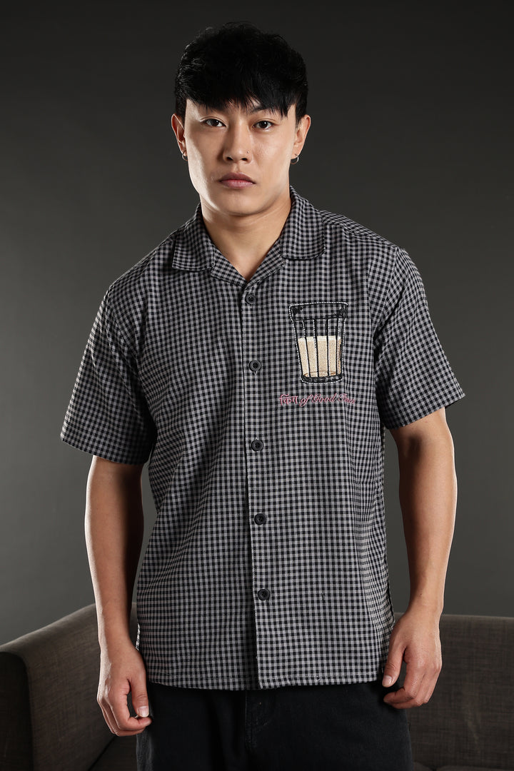 Chai : Black Checks Embroidery Cuban Shirt
