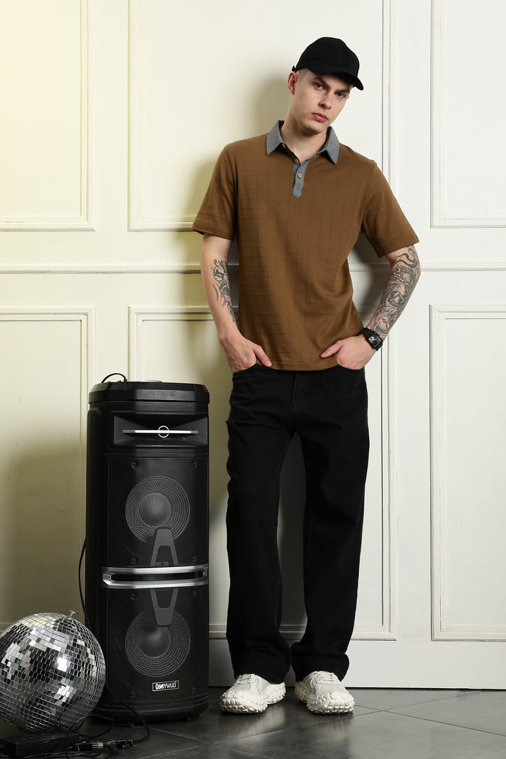 Denim Collar Brown Polo Shirt