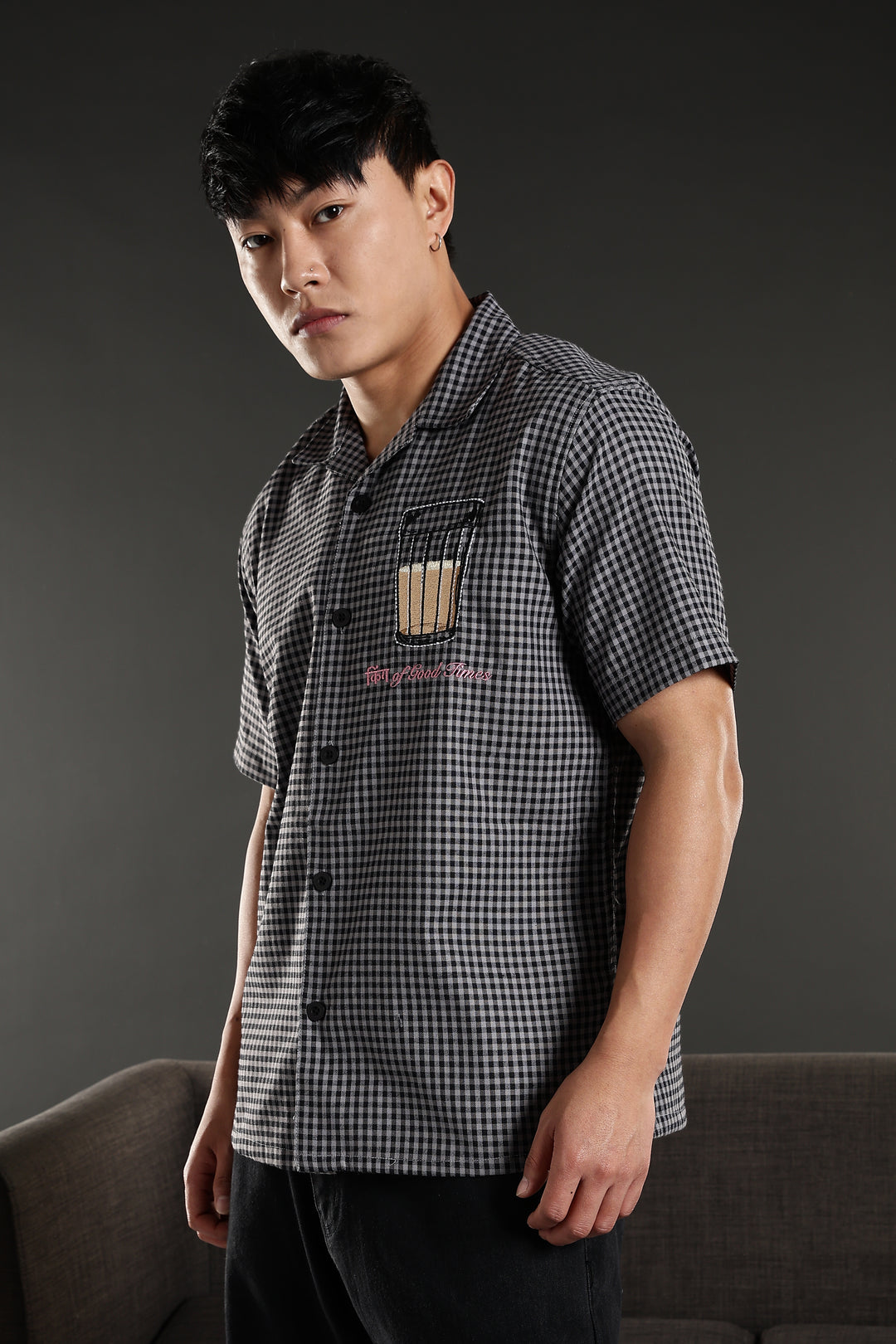 Chai : Black Checks Embroidery Cuban Shirt