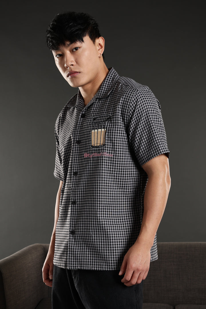 Chai : Black Checks Embroidery Cuban Shirt