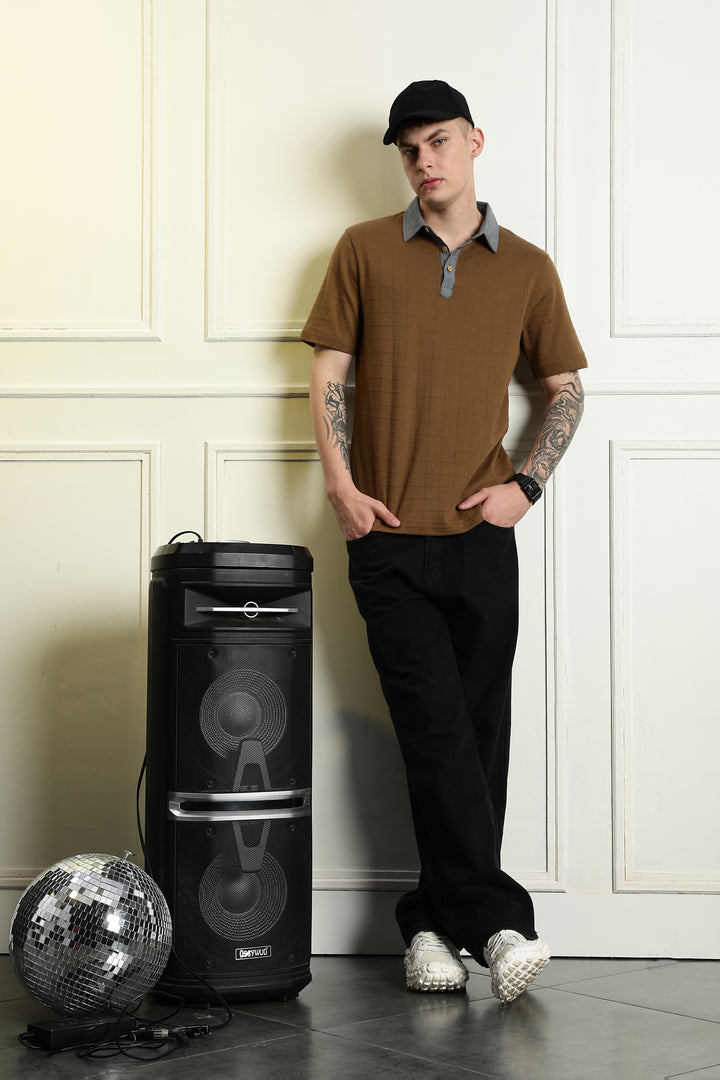 Denim Collar Brown Polo Shirt