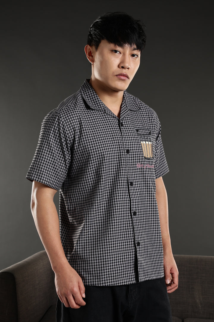 Chai : Black Checks Embroidery Cuban Shirt