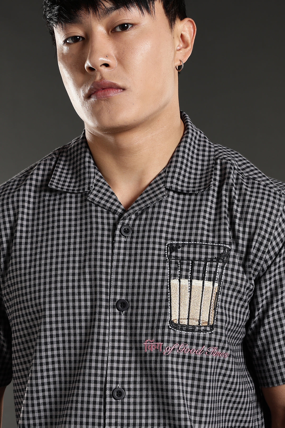 Chai : Black Checks Embroidery Cuban Shirt