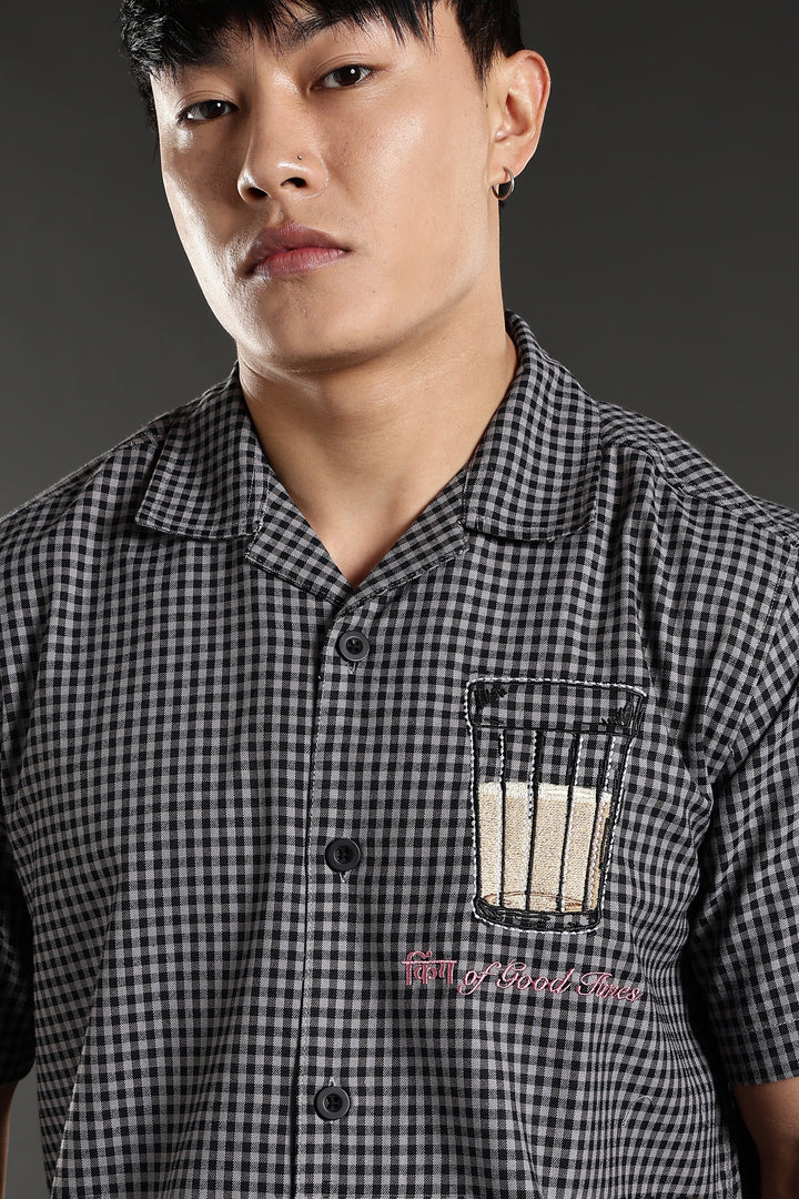 Chai : Black Checks Embroidery Cuban Shirt