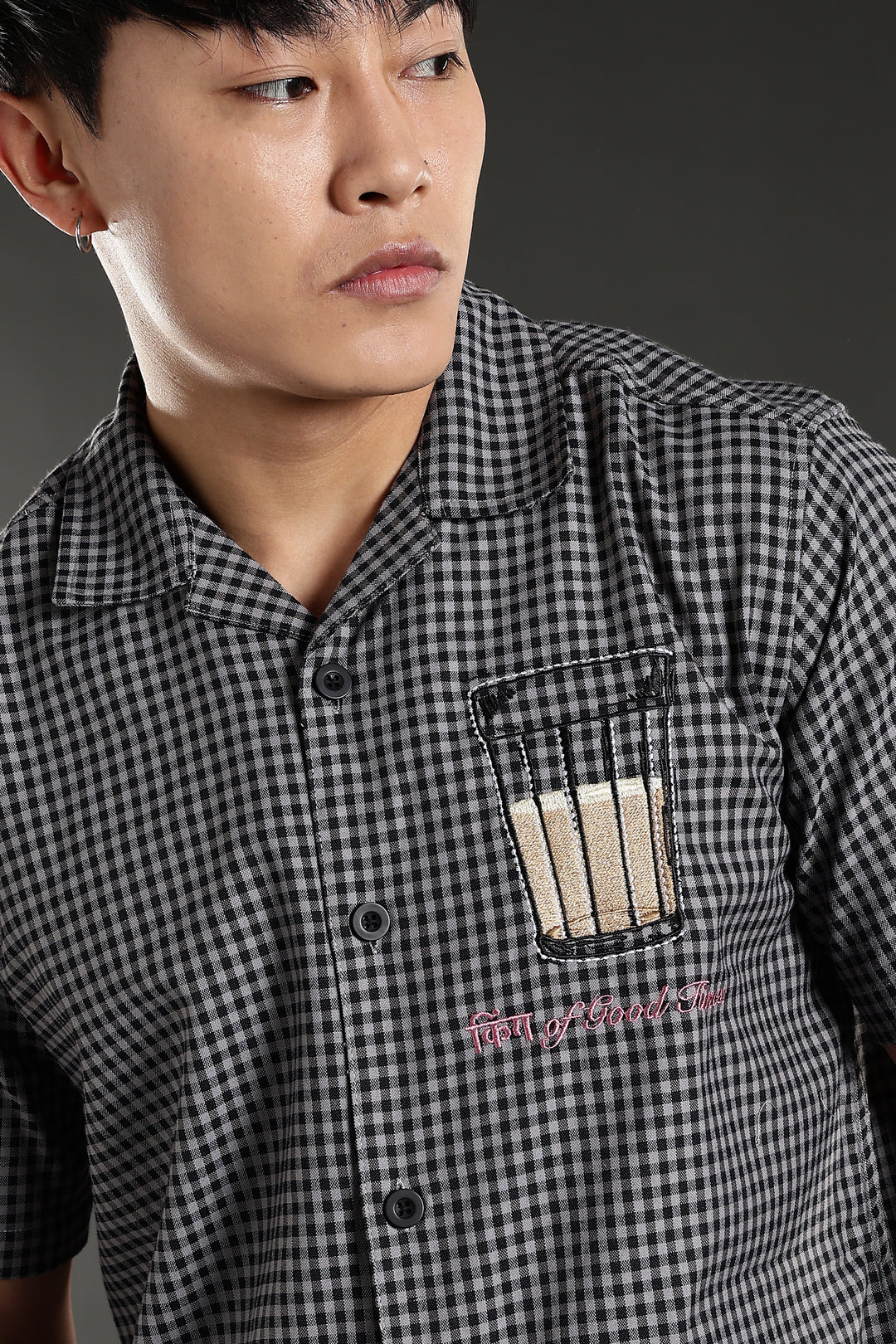 Chai : Black Checks Embroidery Cuban Shirt