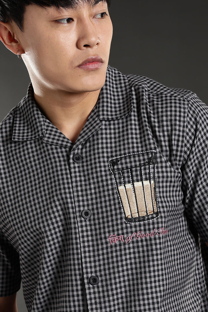Chai : Black Checks Embroidery Cuban Shirt