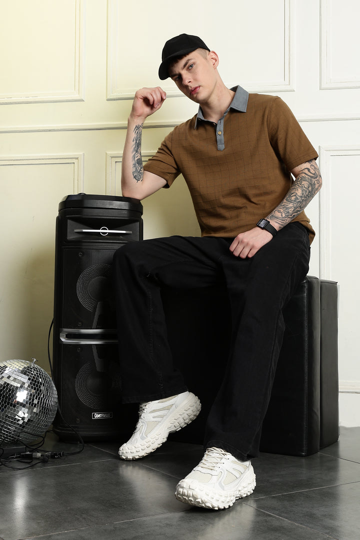 Denim Collar Brown Polo Shirt