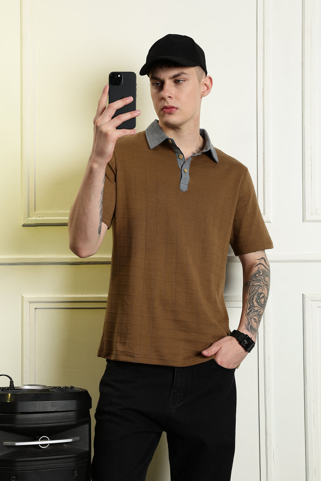 Denim Collar Brown Polo Shirt