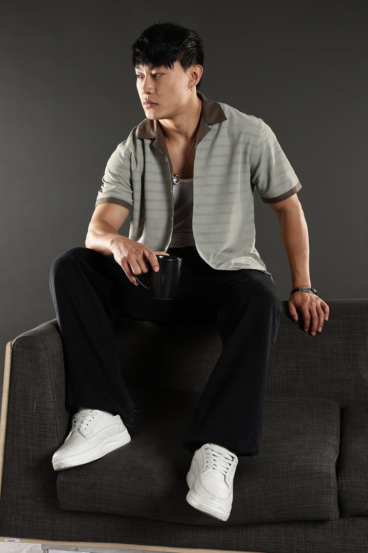 Textured Fabric: Sage Green Stripes Cuban Shirt