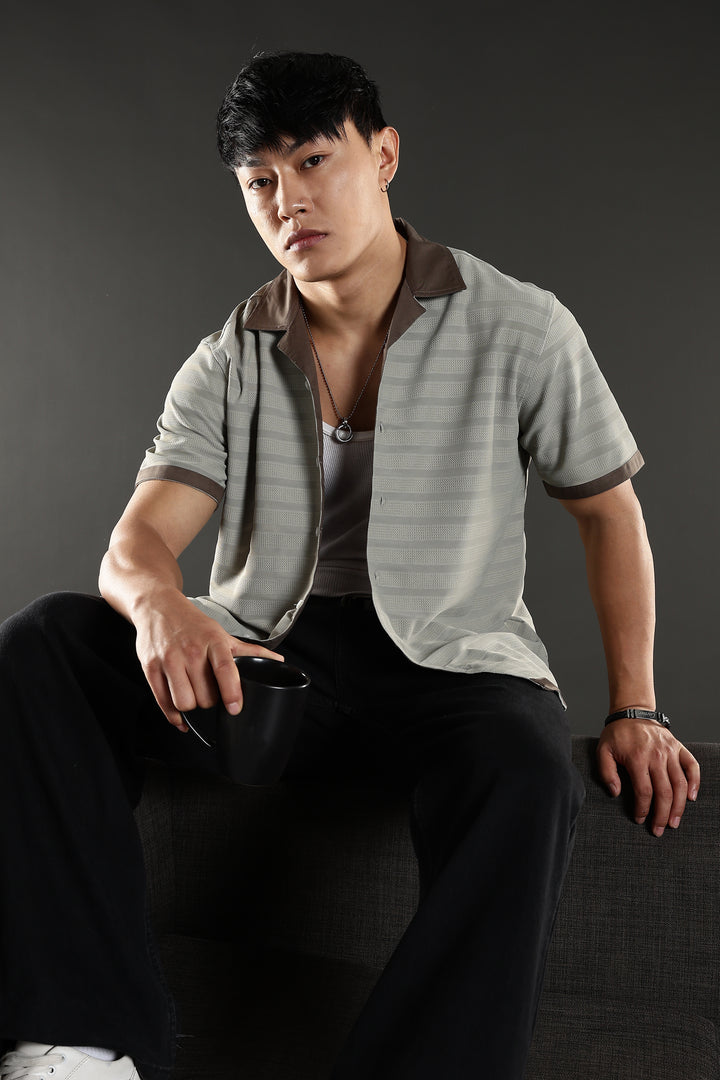 Textured Fabric: Sage Green Stripes Cuban Shirt