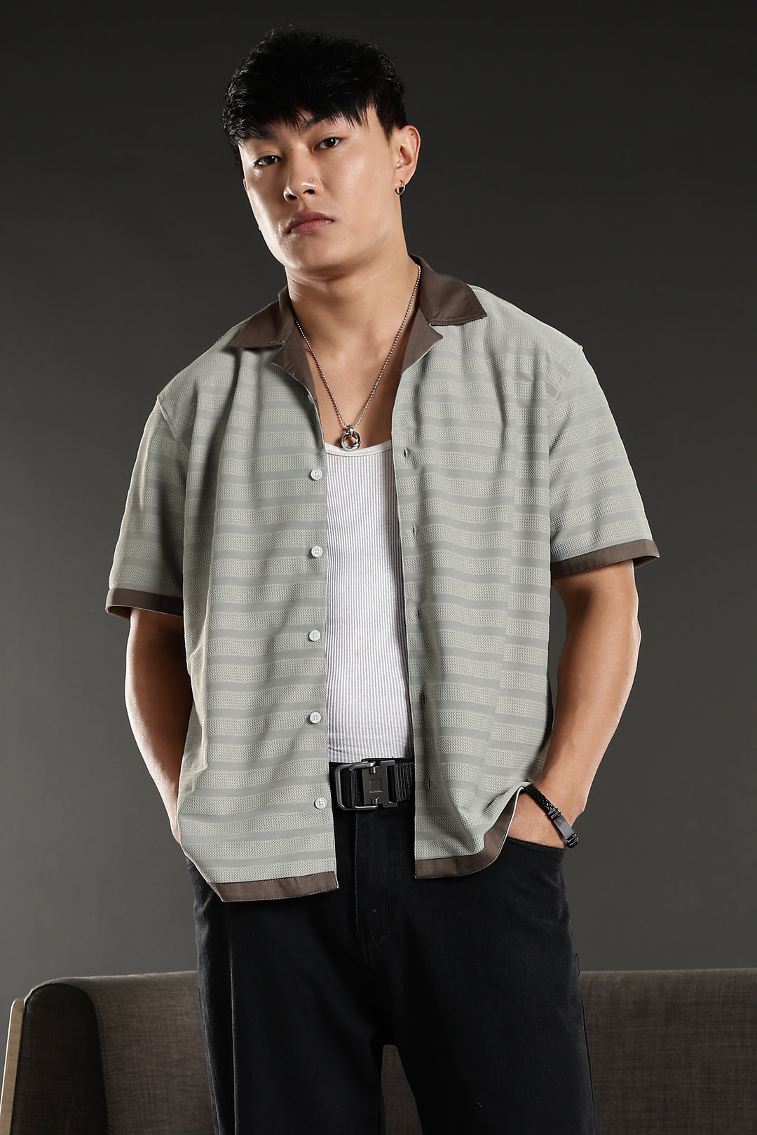 Textured Fabric: Sage Green Stripes Cuban Shirt
