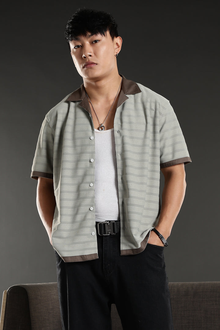 Textured Fabric: Sage Green Stripes Cuban Shirt
