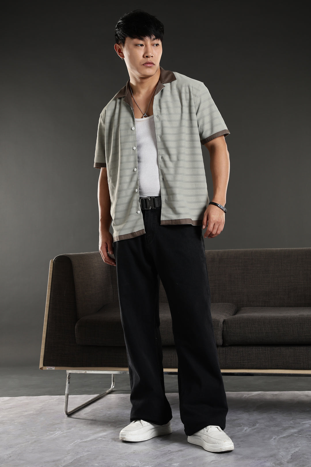Textured Fabric: Sage Green Stripes Cuban Shirt