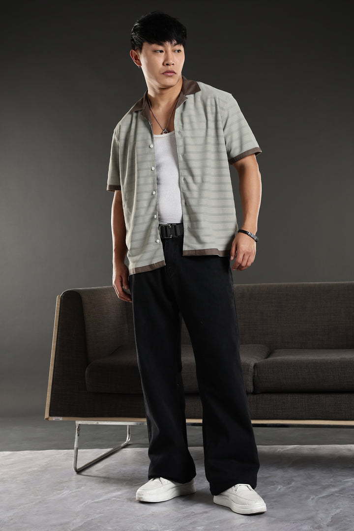 Textured Fabric: Sage Green Stripes Cuban Shirt