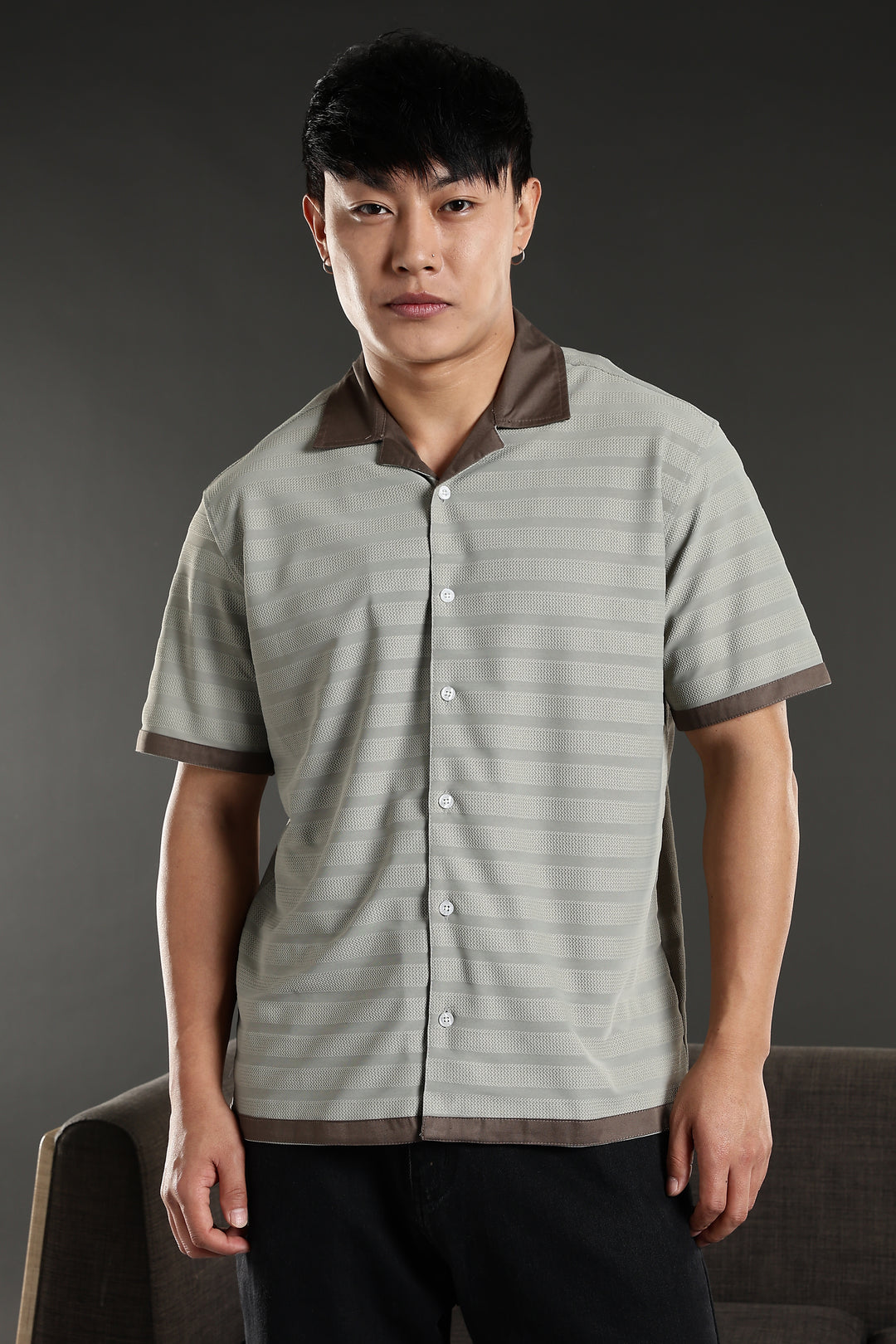 Textured Fabric: Sage Green Stripes Cuban Shirt