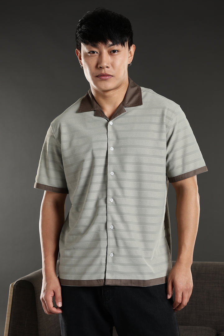 Textured Fabric: Sage Green Stripes Cuban Shirt