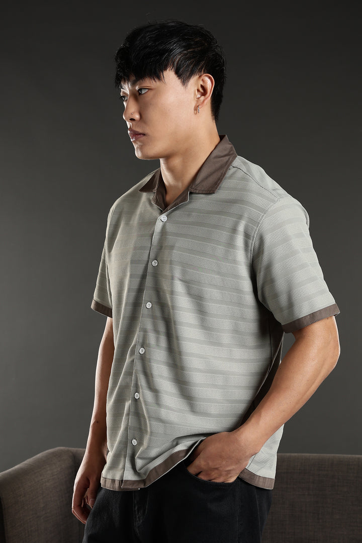 Textured Fabric: Sage Green Stripes Cuban Shirt