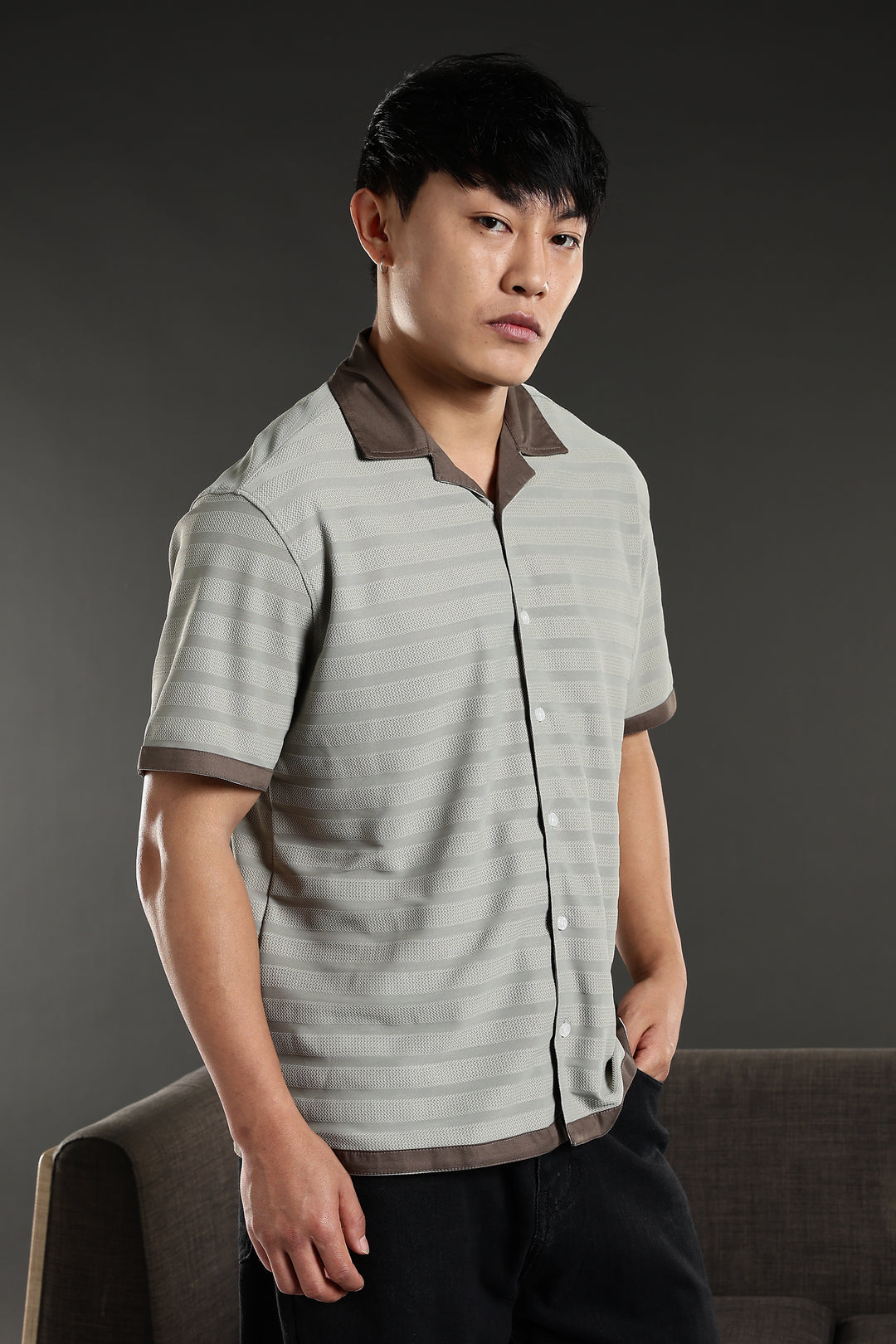 Textured Fabric: Sage Green Stripes Cuban Shirt