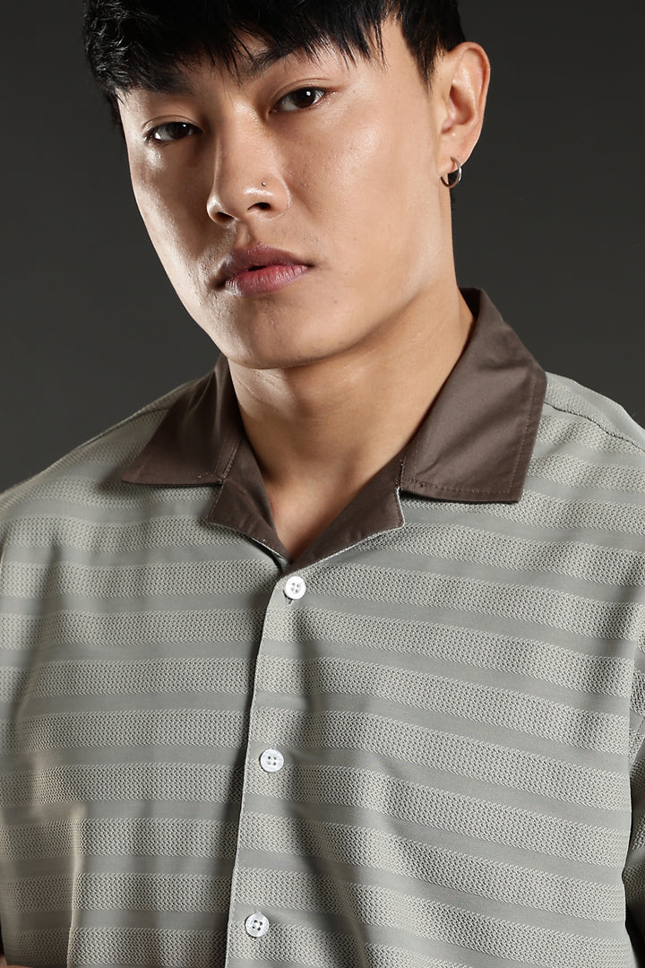 Textured Fabric: Sage Green Stripes Cuban Shirt