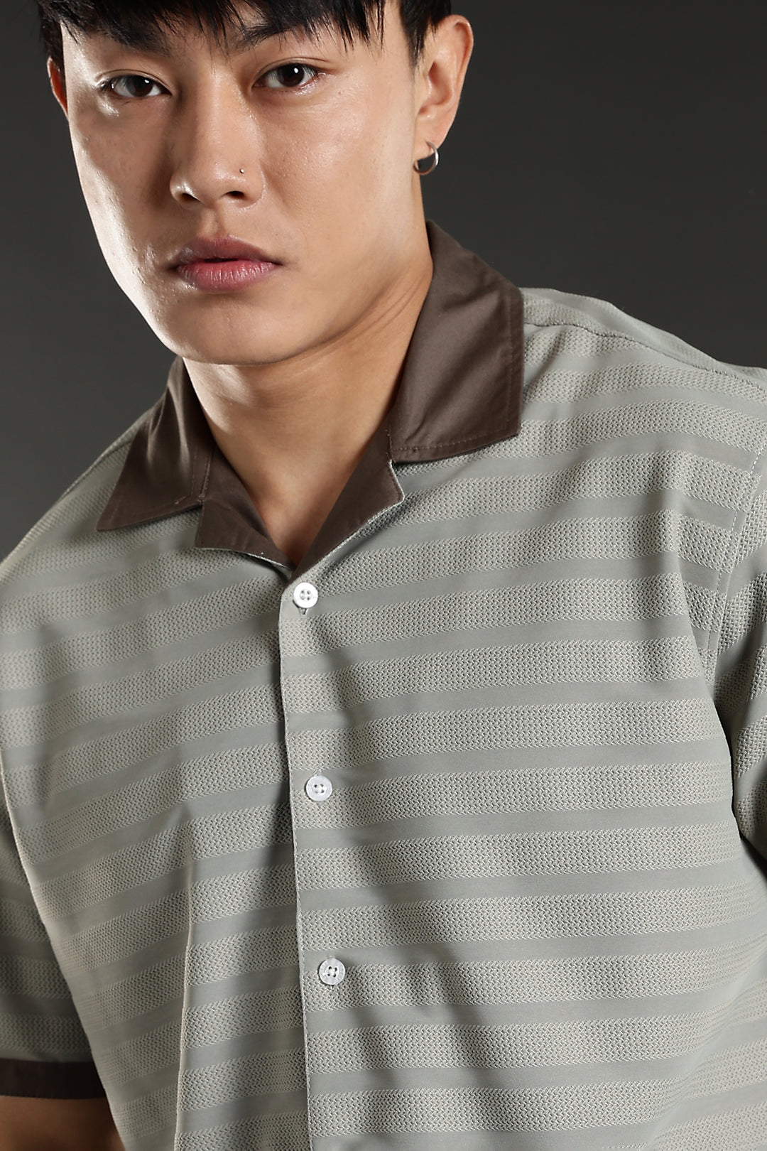 Textured Fabric: Sage Green Stripes Cuban Shirt