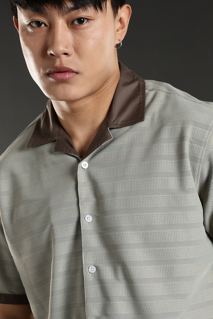 Textured Fabric: Sage Green Stripes Cuban Shirt