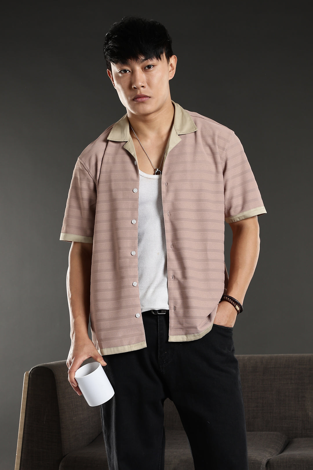 Textured Fabric: Stripes Peach Cuban Shirt