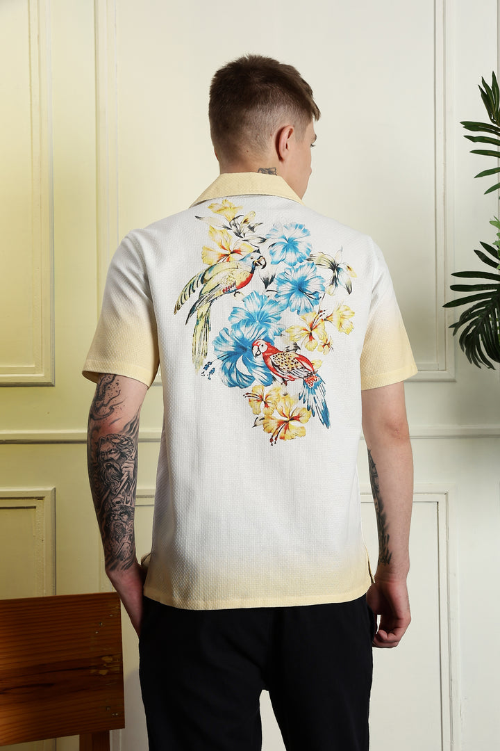 Classic: Parrot Printed White Cuban Cotton Shirt