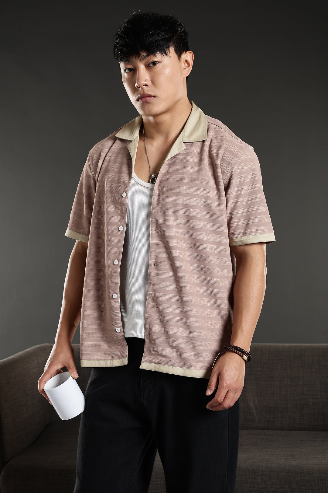 Textured Fabric: Stripes Peach Cuban Shirt