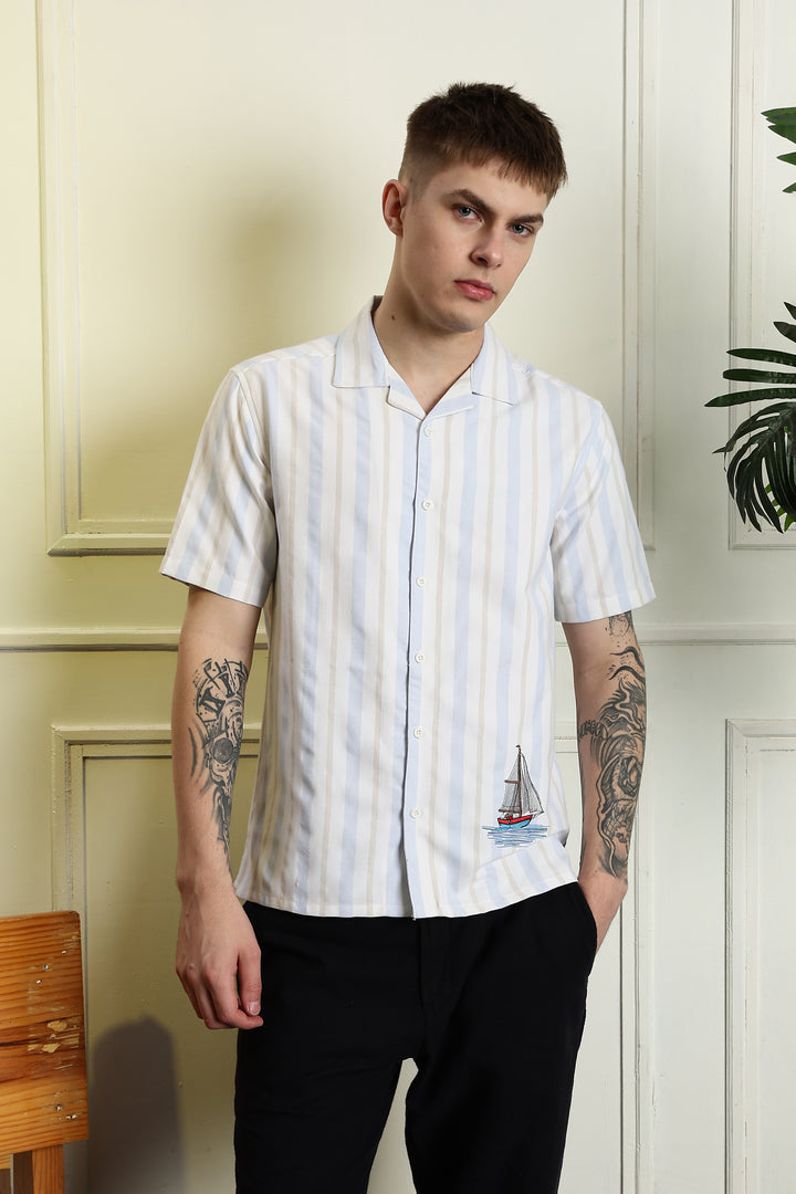 Vintage Ship : Stripes Embroidery Cuban Shirt