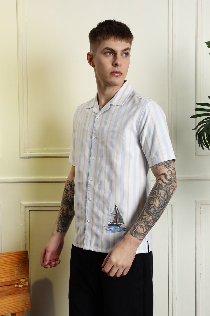 Vintage Ship : Stripes Embroidery Cuban Shirt