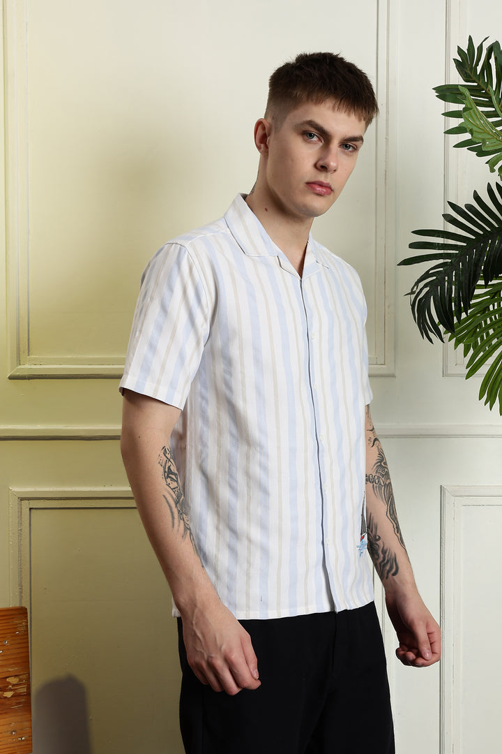 Vintage Ship : Stripes Embroidery Cuban Shirt