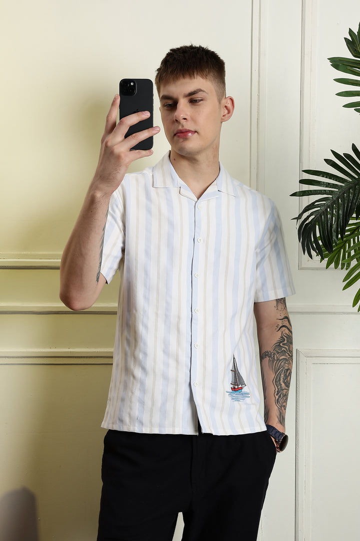 Vintage Ship : Stripes Embroidery Cuban Shirt
